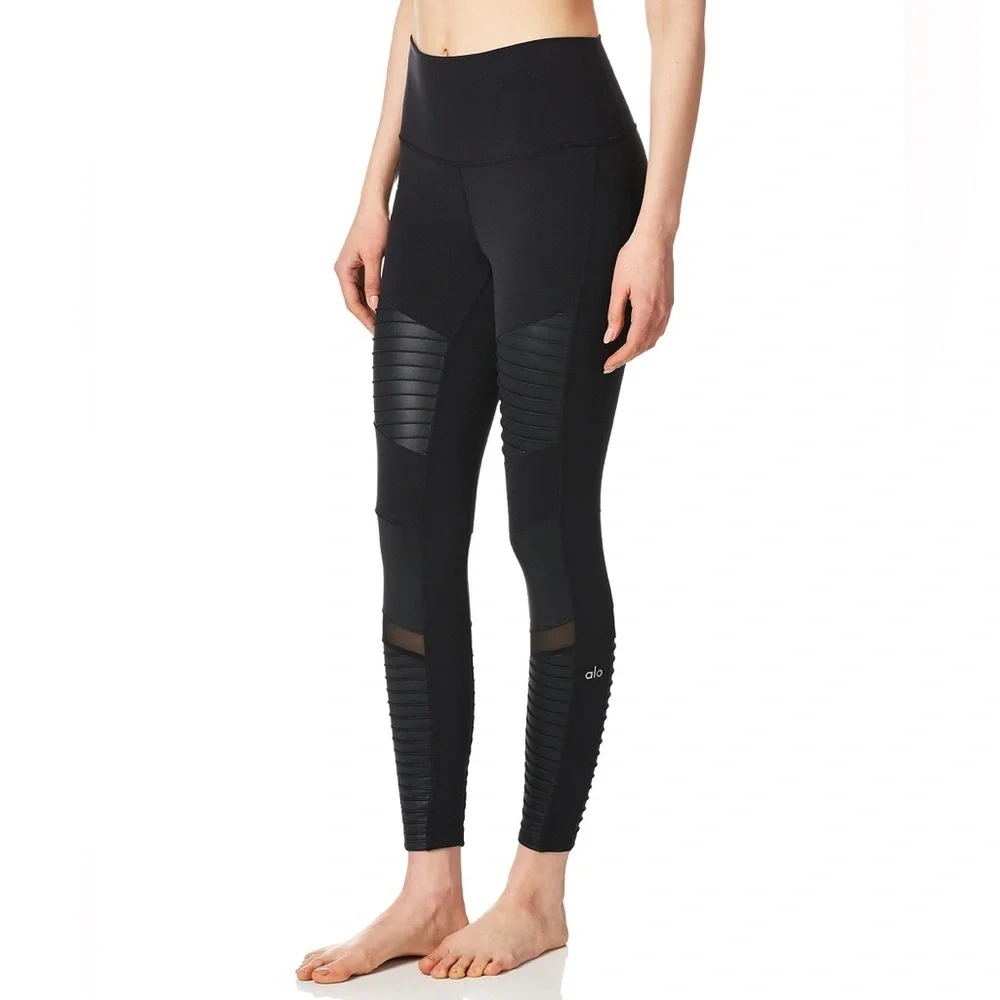Alo Yoga 7/8 High Waist Moto Mesh Ribbed Panel Black Leggings Size XS